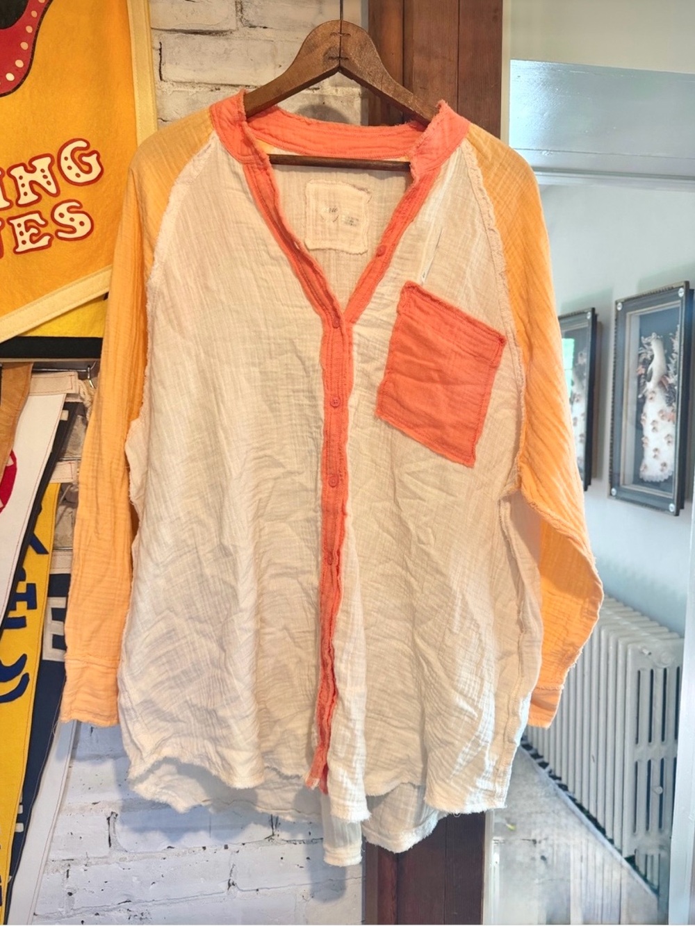NWT Aerie Oversized Cozy Neon Boyfriend Pocket Button Up Shirt Size M $54!